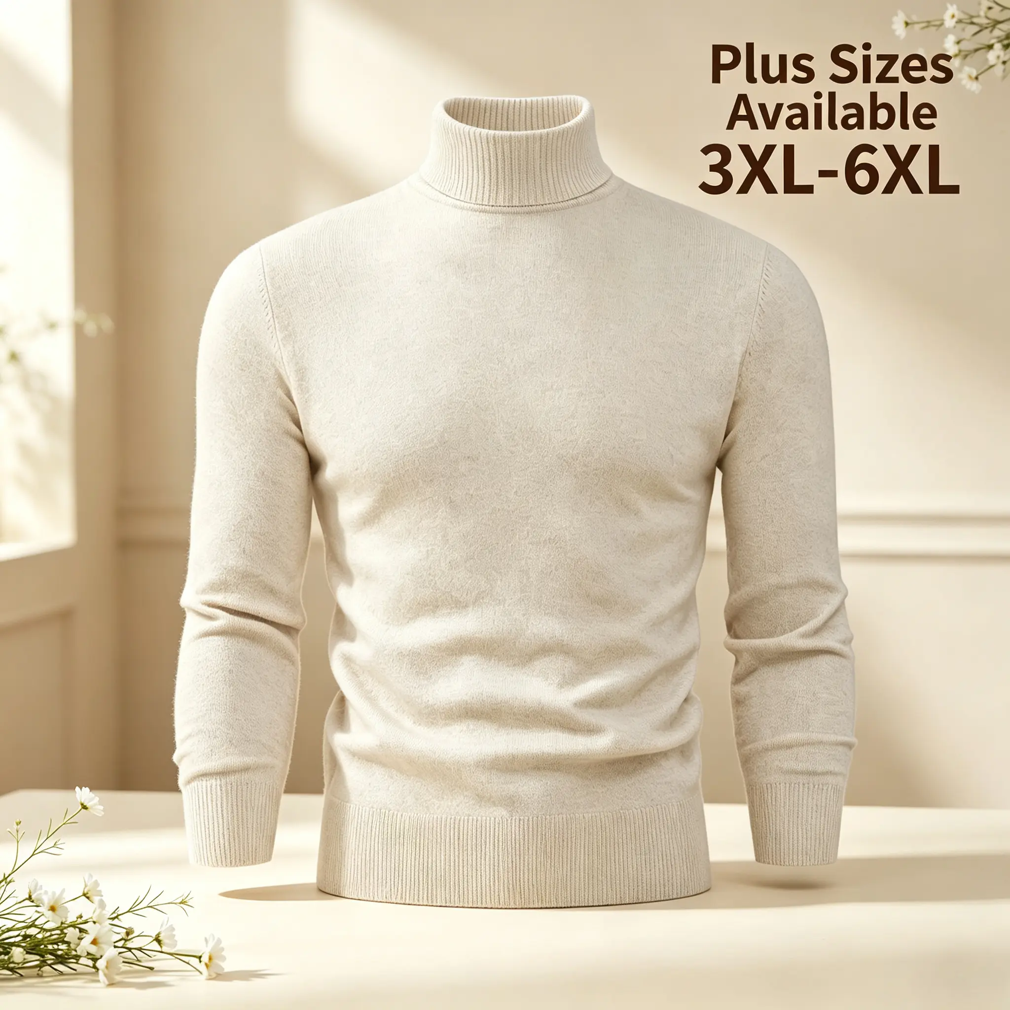 Oversized Men Turtleneck Knitted Jumper 3XL-6XL Soft Lightweight Long Sleeve Sweater Business Daily Wear