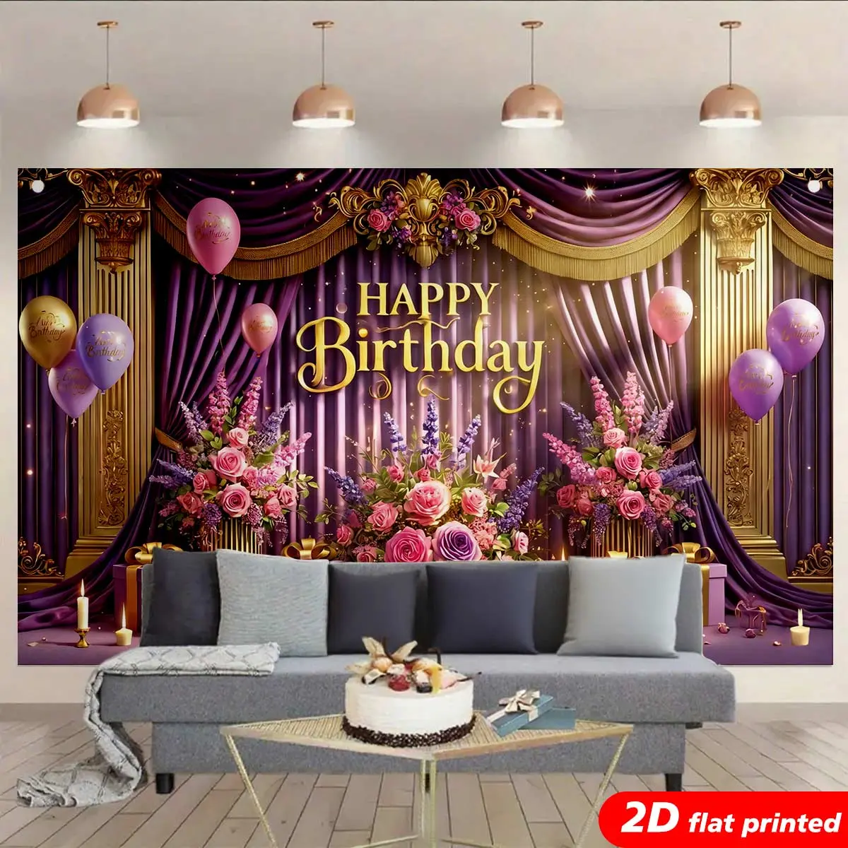 Purple Gold Polyester Happy Birthday Tapestry Wall Hanging - Royal Floral Balloon 2D Flat Printed, Elegant Style Flower Decoration Tapestry for Women's Birthday Party, Aesthetic Home Decor, Elegant Style Tapestries
