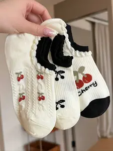 Women's Breathable Invisible Knit Socks, Cherry Mesh Lace Design, Cute Summer Style, Suitable for Daily Wear Party Date School Gift