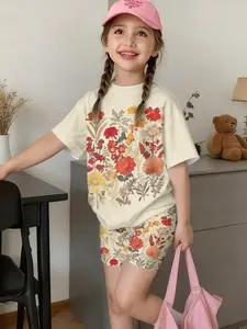 Summer Girls' 2-Piece Short Sleeve & Shorts Set, Vintage Floral Print, Forest Style Casual Kids Outfit