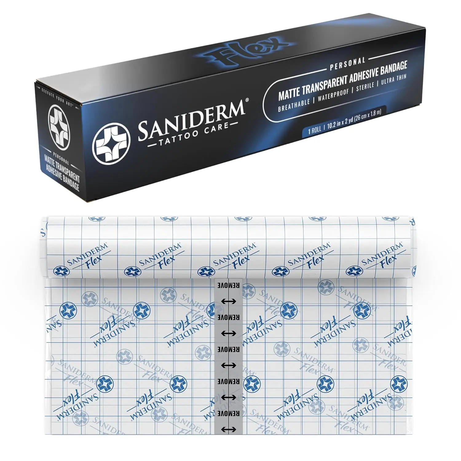 Saniderm Flex Tattoo Aftercare Bandage (New) (Personal Roll, 10.2 in x 2 yd) – Faster Tattoo Healing and Protection – Sterile, Waterproof, Flexible, Latex-Free, Tattoo Aftercare Wrap – Matte Finish