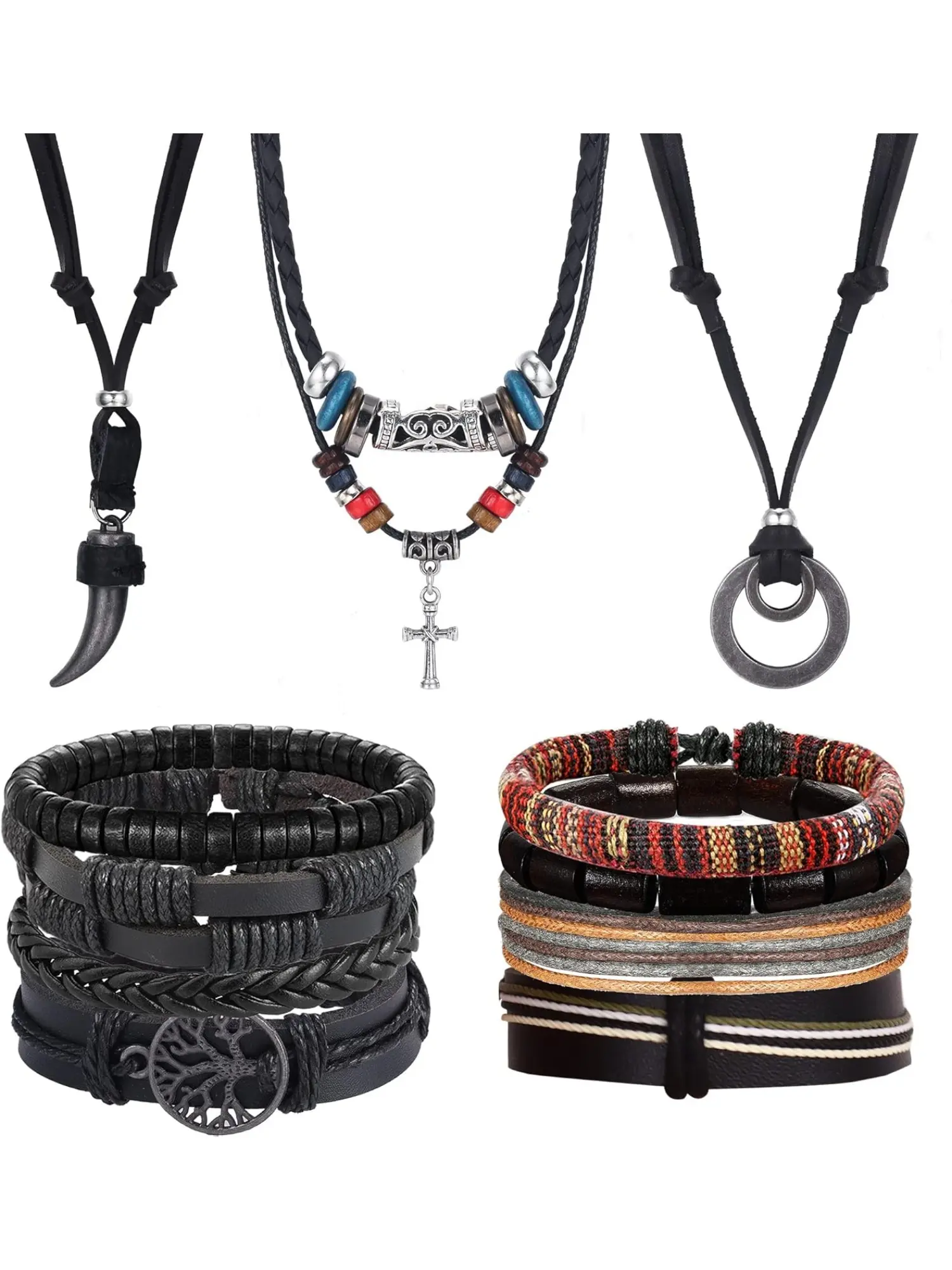 Natural 11 Pcs Black Brown Costume Jewelry Set Adjustable Leather Bracelets Necklaces with Tribal Double Circle Pendant for Women Men Black Brown Handmade Braided Accessories Gothic Set