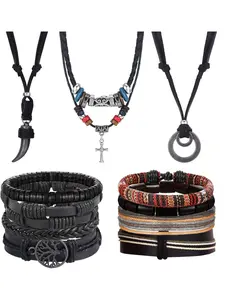 Natural 11 Pcs Black Brown Jewelry Set Adjustable Leather Bracelets Necklaces with Tribal Double Circle Pendant for Women Men Black Brown Handmade Braided Accessories Gothic Set