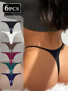 6-pcs Women's Seamless Smooth Underwear Set, Breathable Lightweight Low Waist Basic Simple Plain Thong Panties, Stylish Fitted Comfortable Invisible Lingerie