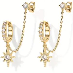 A pair of women's fashion chain earrings/double-pierced pendant chain earrings/shiny star-shaped synthetic zircon earrings