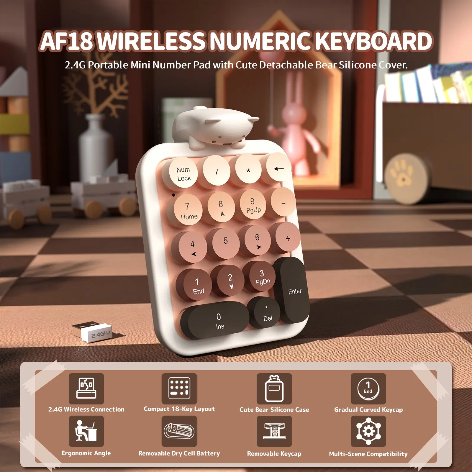Ajazz AF18 Wireless Numeric Keypad, Digital Keypad, 2.4G USB Wireless Connection, Ergonomic 18-Key Compact Silicone Bear Design, Gradient Keycaps, Detachable & Portable Number Pad for PC, Laptop
