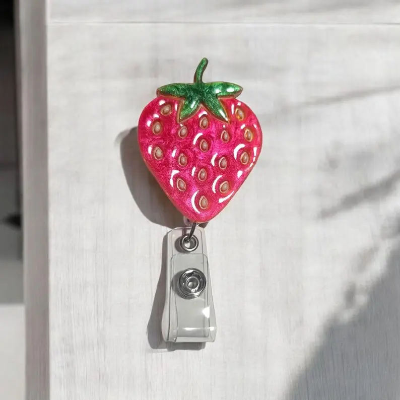 Strawberry Badge Reel, ID Holder, Retractable Badge Reel, Belt Clip