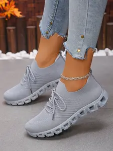 Flyknit Lace-Up Sports Shoes, Gear Sole, Lightweight Breathable Casual Women's Athletic Sneakers, Textile Material, Above Ankle Height