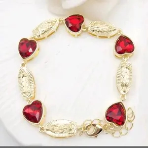 VIRGIN MARY cute bracelet red hearts  gold-plated  8"inches virgin mary
