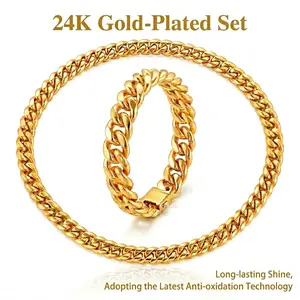 【Necklace and Bracelet Set】24K Gold Plated Cuban Link Chain Bracelet with a Width of 10/12 mm (7/8 Inch) - Cuban Chain - 10/12 (18/22 Inches). Nano-tech Anti-Oxidation Coating, Streetwear & Hip Hop Style, Minimalist Layerable Jewelry, Gift for Men