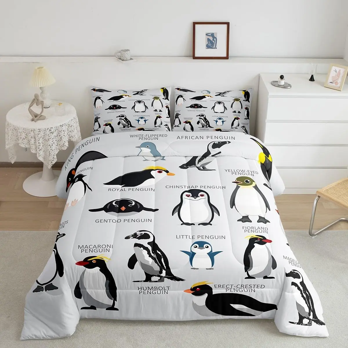 Feelyou Queen Quilted Penguin Microfiber Lightweight Duvet & Quilt Bedspread Set - Soft Unique Bedding, Black-White Cute Animal Design, Grey Wildlife Pattern, Low Roll-Over, Fill Clumping Prevention, Lightweight Duvet Set, Animals, Multi-Size
