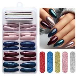 120pcs Press-On Nails + 5 Files, Solid Color Almond Shape Fake Nails, Multiple Colors Including Bean Sand, Wine, Ink