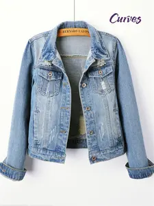 Denim Jacket for Women - Vintage Style, Long Sleeve, Lapel Collar, Non-Stretch Nylon Blend - Oversized Fit, Solid Color with Pockets, Machine Wash