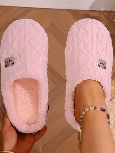 Simple Versatile Plush Slippers, Lightweight Soft Teddy Fleece, Embroidered Bear Design, Breathable Lining, Non-Slip Sole, Winter Home Wear, House Slippers