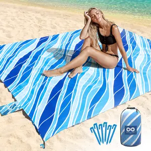 Everlasting Comfort Beach Blanket \ - Large Oversized Beach Mat for 10 People w/ Stakes, Storage Bag - Sandproof, Waterproof