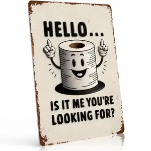 8x12 Inch Aluminum "Hello... Is It Me You're Looking For?" Toilet Paper Metal Sign – Whimsical Retro Wall Art for Bathroom, Powder Room & Guest Restroom. Cute Cartoon Toilet Paper Character, Distressed Style & Waterproof. Perfect Gag Gift for Bathroom Lov