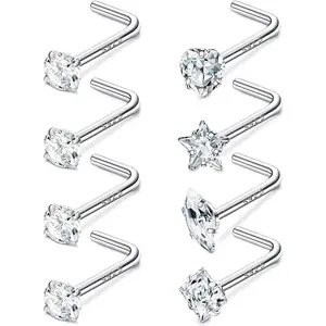 Fansilver 8 count 20G Nose Rings Studs for Women Men Star Marquise Heart Square Round Shaped CZ Nose Stud L Shape Nose Ring Body Piercing Jewelry
