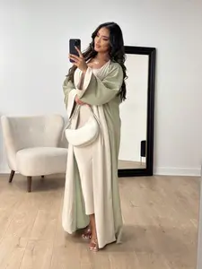 z170（1-Piece Sage Green Open Abaya with White Trim Cuffs, Casual Modest Muslim Kimono Outerwear）