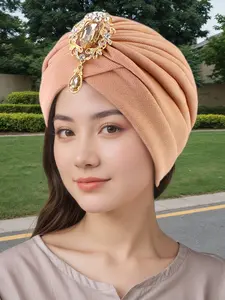 Boho Style Alloy Headscarf Hat with Rhinestones, Indian Ethnic Pattern Church Wedding Cap, Middle Eastern Turban for Women, Head Wrap