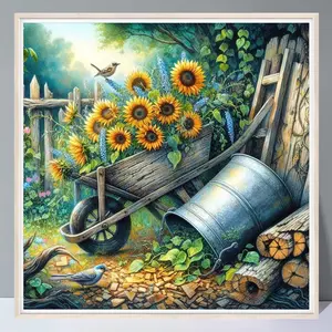 Sunflower 5D Diy Diamond Painting Without Frame, Tool Kits Garden Tools Pattern Full Round Diamond Rustic Scenery Farm Decor Handmade Gift