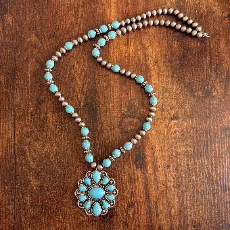 Western Turquoise Blossom Pendant Necklace, Flower Element Costume Jewelry Necklace for Women, Flower Element Necklaces
