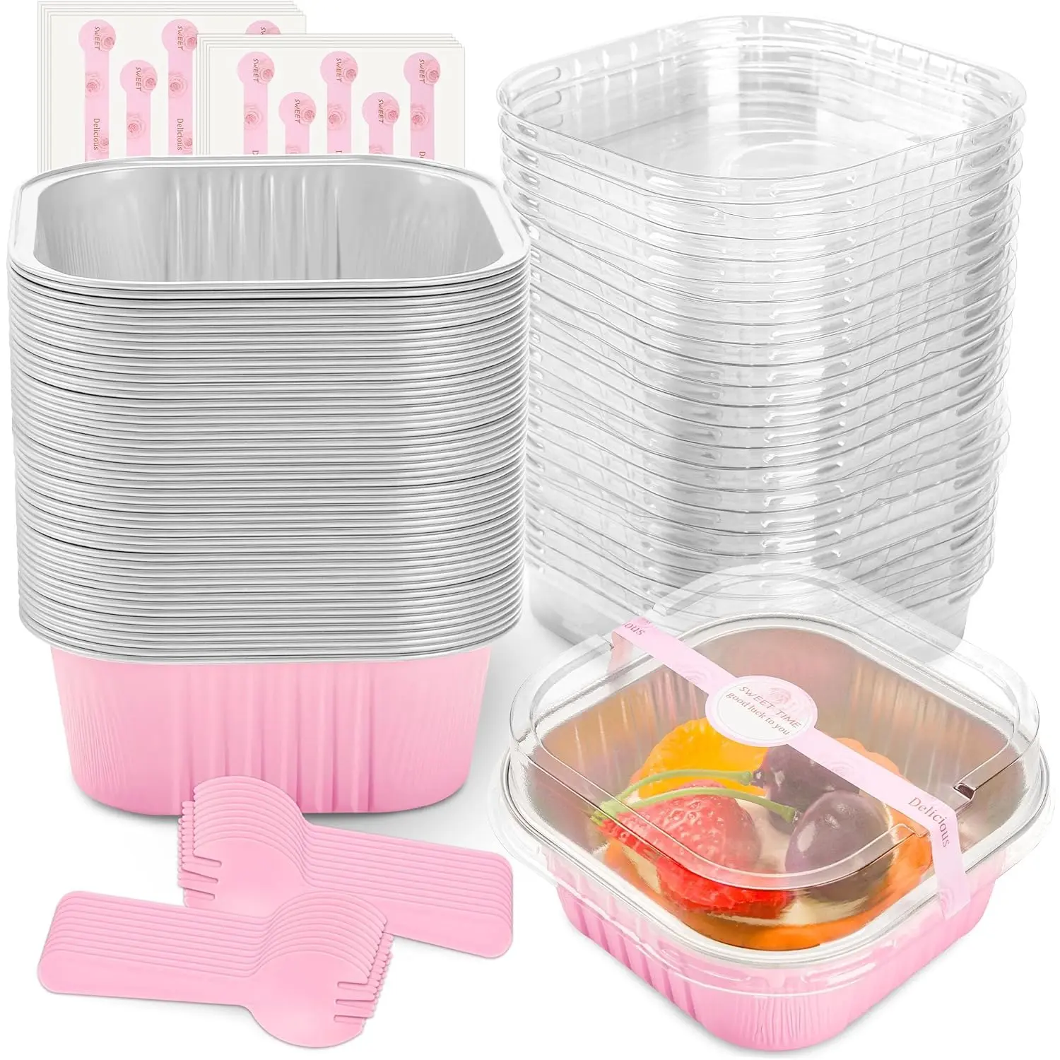 25Pcs Pink Square Aluminum Foil Cake Pans with Lids & Spoons, Disposable Bakeware Cooking Cups (Disposable Design, Effortless Cleanup) for Mini Cheesecakes & Puddings, Oven/Air Fryer Safe Takeaway Containers for Large Family, Commercial Catering