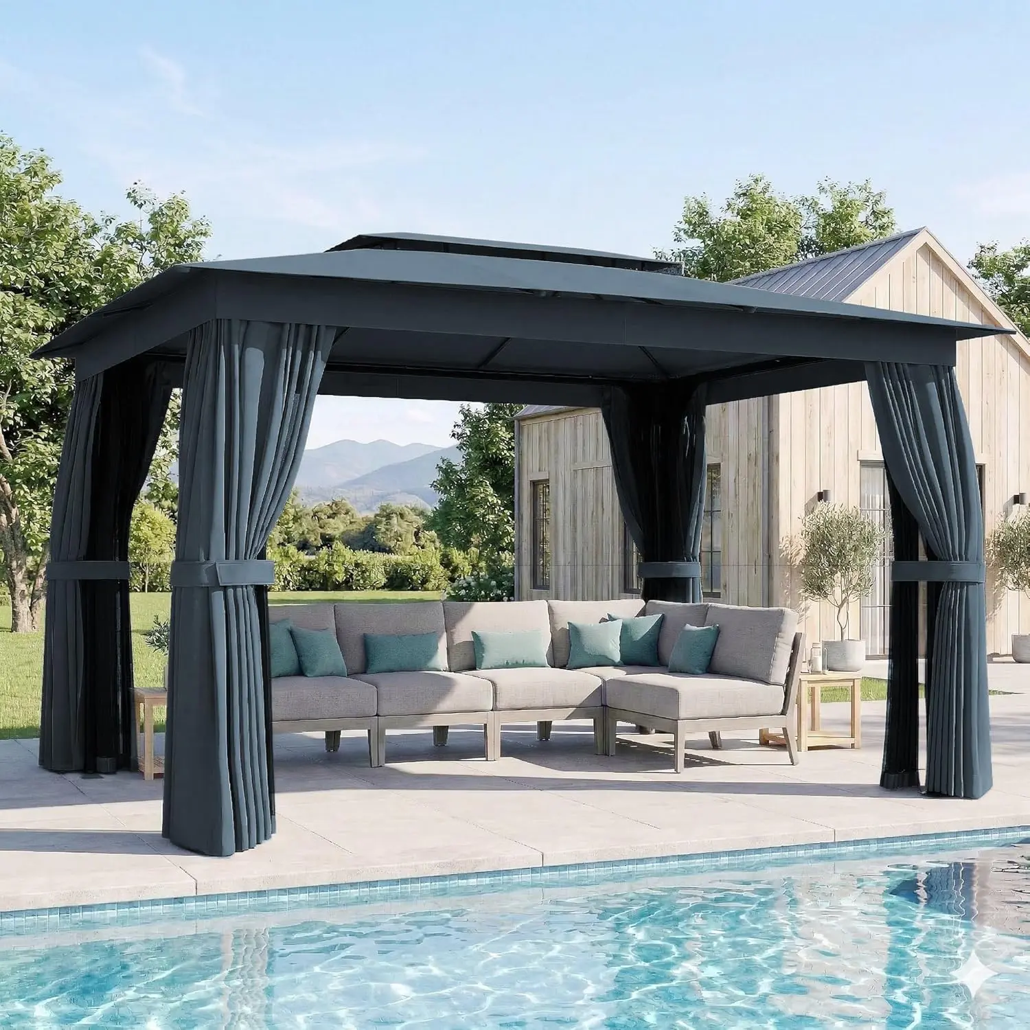 10x12 Outdoor Patio Gazebo with Mosquito Netting & Curtains, Double Roof UPF30+ Canopy Shelter, Heavy Duty Steel Frame, Ceiling Hooks, Backyard Garden Pergola Tent