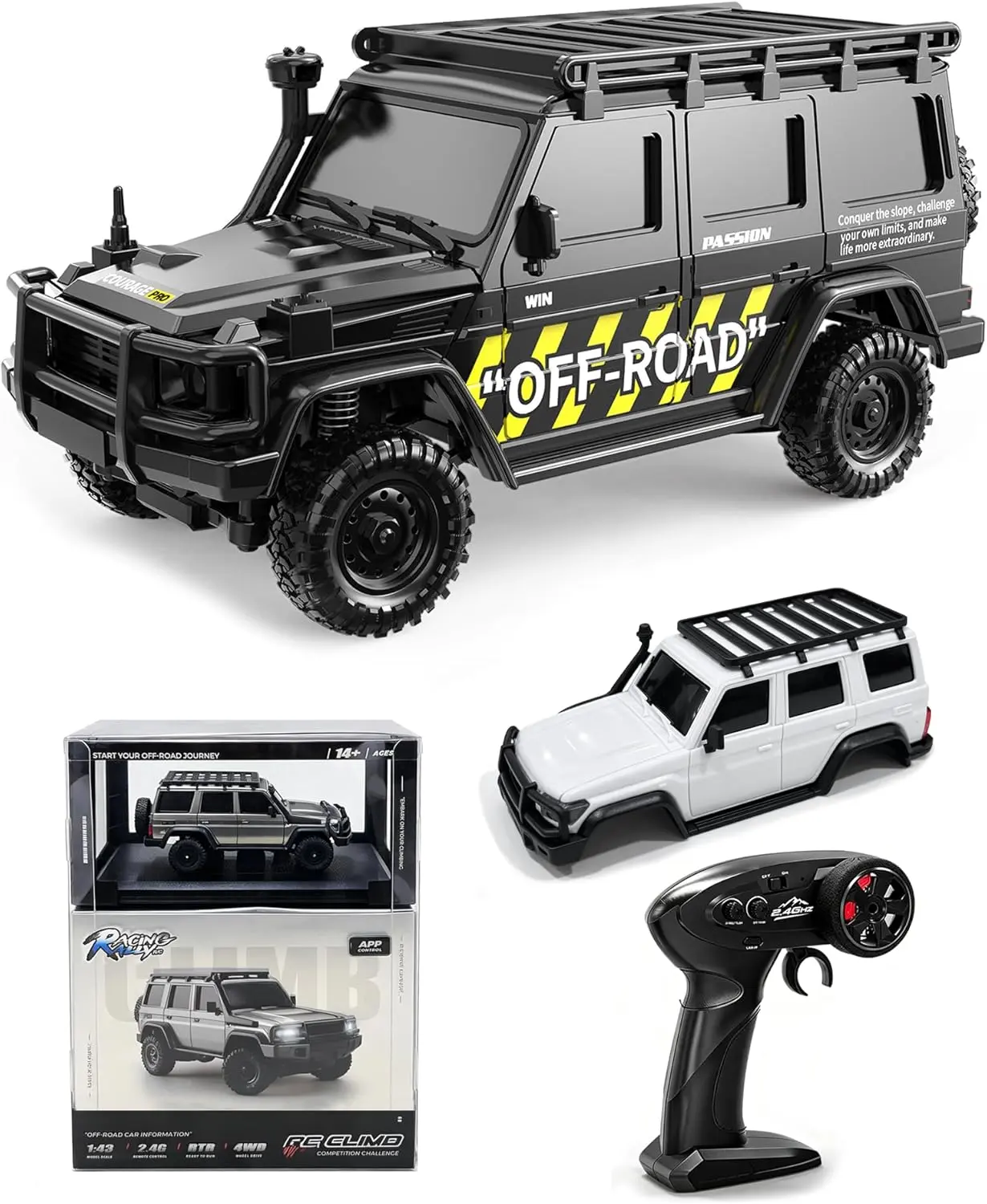 1:43 Scale Micro RC Crawler Car, 4WD Mini Off-Road Buggy, Full Proportional Control, LED Lights, App Control, with 2 Body Shells Rc Model Car Fast Rc Car