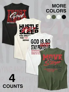 4-Pack Faith & Hustle Slogan Graphic Sleeveless Tank Tops | Christian Streetwear Muscle Shirts Set