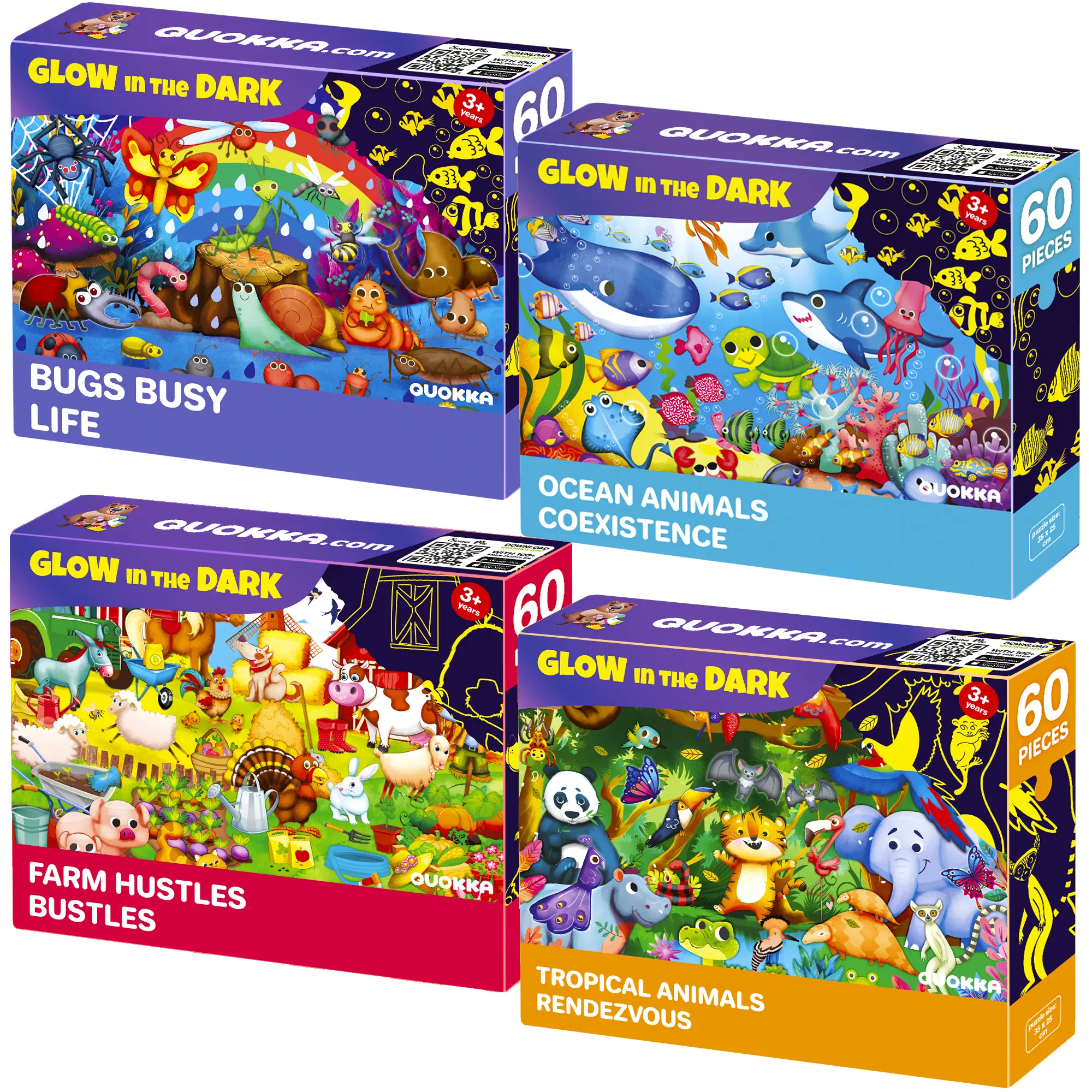 QUOKKA 60-Piece Glow-in-the-Dark Animal Shape Puzzle for Kids - Enhances Fine Motor Skills, Encourages Teamwork, Enables Indoor Fun - Toys & Hobbies Games & Puzzles Toy