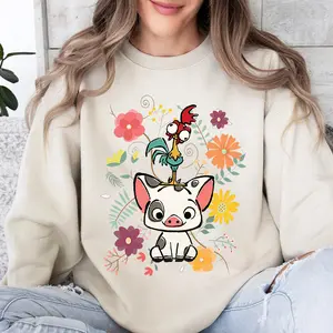 Retro 70S Floral Pua And Hei Hei Sweatshirt, Moana T-shirt, Moana Character Tee, Family Trip Outfit