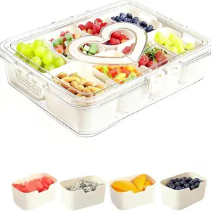 4/8 Compartment Snackle Box Charcuterie Tray - Divided Serving Platter with Heart-Shaped Handle & Lid | Clear Portable Snack Organizer for Travel, Party, Picnic, Clear Plastic Food Storage Containers, Reusable Lunch Containers