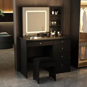 Makeup Vanity Set With Stool And 3 Color Touching Mirror Dresser Table. With shelf and LED light strip. 5 drawer vanity large drawer tabitha