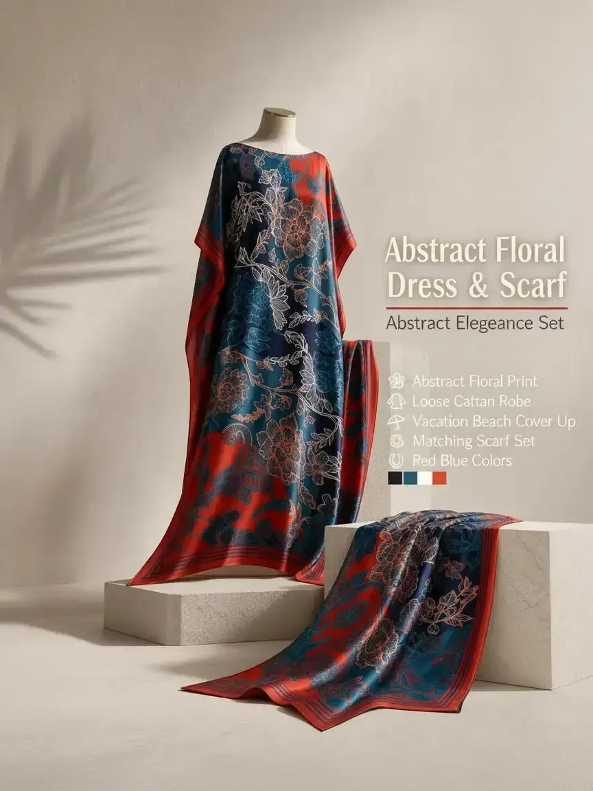 MuuMuu Muse Women's 2-Piece Red Blue Abstract Flower Print Dress & Matching Scarf Set - Fit, Drape, Comfortable Casual Loose Caftan Robe, Vacation Beach Cover Up, Printed, Long Robe, Bold Colors, Statement, Style, Moomoo Floral Love, Cruises, Clothes, Wom