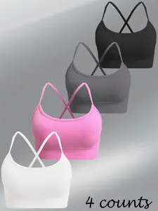 Women's Solid Color Criss Cross Sports Bra, High Stretch Comfortable Breathable Wireless Backless Sports Bra, Sports Lingerie Top for Indoor Outdoor Wear, Strappy Sports Bras