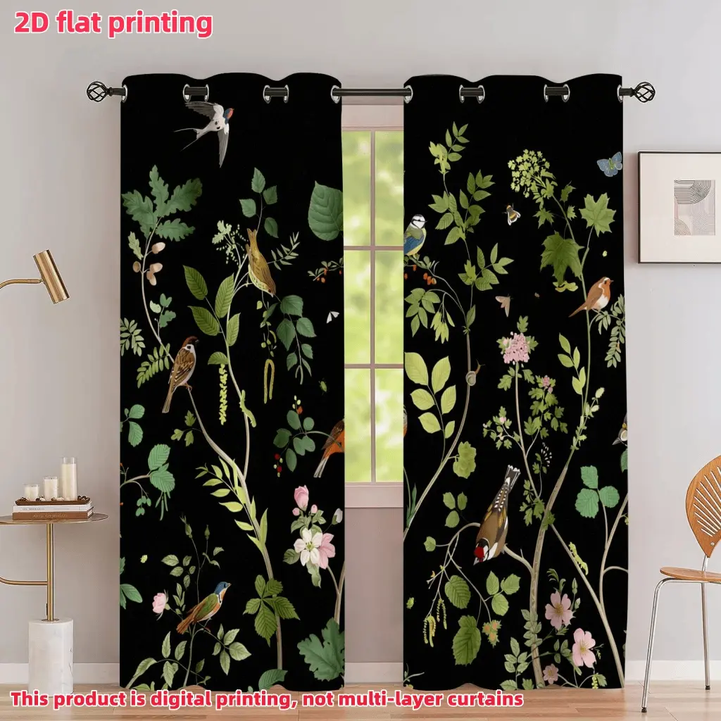 2D Flat 2Pcs Nature Bird & Floral Printed Curtains, Rod Pocket Design, Privacy Semi-Sheer Drapes for Living Room, Bedroom, Balcony, Kitchen, Study Window Decoration, Accessory, Anti-Privacy.