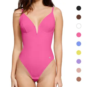 POPILUSH Women's Deep V-Neck Low-Back Mesh Shapewear Thong Bodysuit, Adjustable Straps Style, Fit Fabric, Womenswear Underwear Top