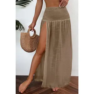 Pale Khaki Shirred High Waist Split Long Beach Skirt