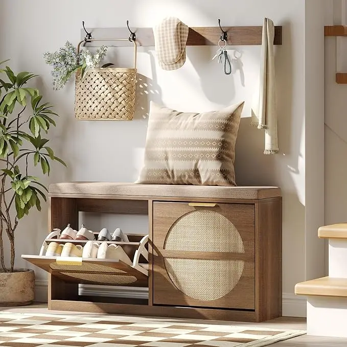 [Summergarden] Vabches Rattan Entryway Seating with Seat Cushion, Coat Rack, Freestanding Shoe Cabinet, 2 Flip Drawers, Narrow MDF Wood Space Saver, 5 Sturdy Metal Hooks, Storage Holders & Racks, Rustic Oak Home Decor Items
