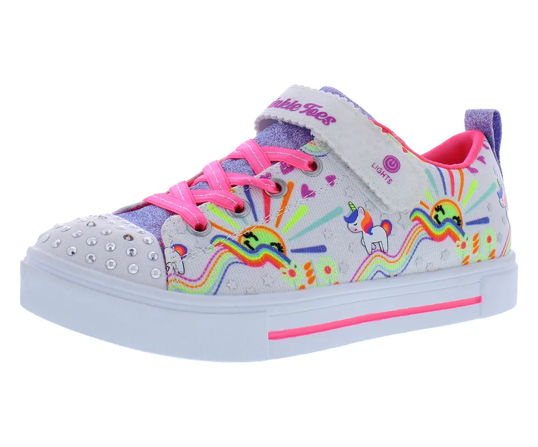 Skechers Girls' Light-Up Casual Trainers with Unicorn Print, Lace-Up Playtime Wear with Sparkle Accents, Laces, Graphic Design, Kids Size, Multicolor, Round Toe, Safe Material, All Seasons, Light-Up Sole, Playful, Everyday Wear, Casual Kid's Sneakers, 1 P