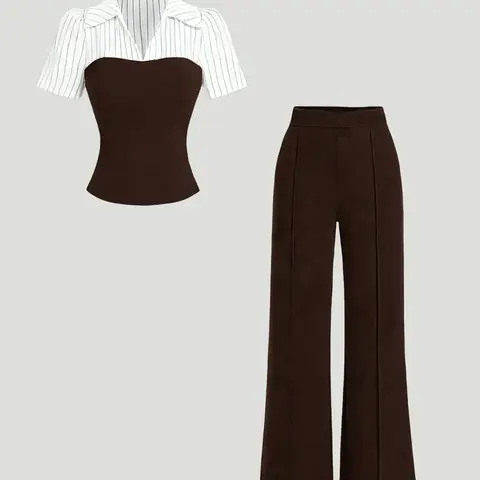 Women's Striped Lapel Slim-Fit Short Sleeve Top and High-Waisted Wide Leg Pants, Knit Clothing Sets, Spring & Fall Fashion