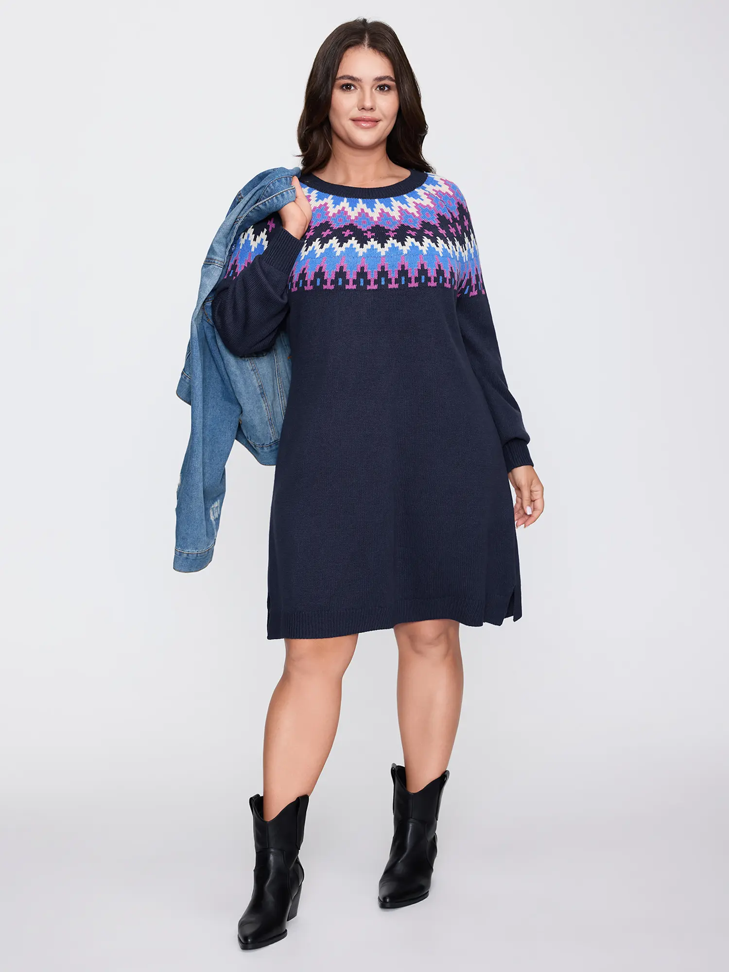 BloomChic Women's Playful Colorblock Tunic Dress, Midnight Acrylic Fitted Bodycon with Longsleeves and Crew Neck for Casual Wear, Playful Look, Geometric Print