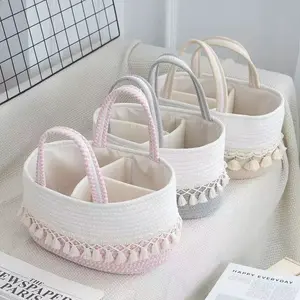 Baby diaper basket, toy storage basket, storage basket with tassels, hand-woven, compartmentalized, detachable, portable