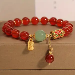 Women's Luxury Red Agate Beaded Charm Bracelet - Retro Synthetic Gemstone Crystal Beads Bangle, Fashion Costume Jewelry Accessory, Ideal Gift for Special Occasions