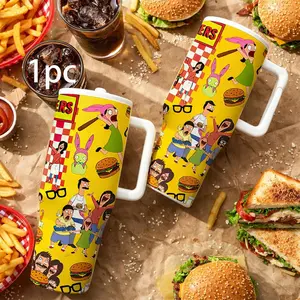 1 Pc 40 oz Burger Family Cartoon Vacuum Insulated Tumbler with Handle and Lid, Double-Wall Stainless Steel Leak-Proof Travel Mug, Large-Capacity Cup Gift for Burger Fans, Home and Office Daily Use, Drinkware, Insulation