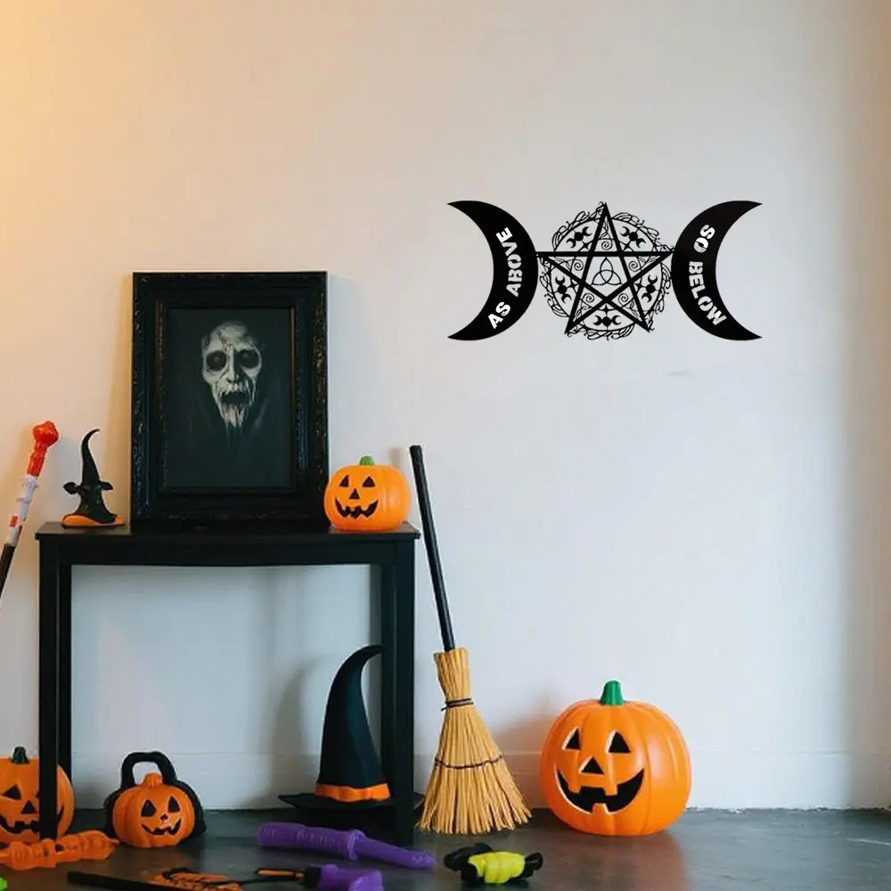 Five-Pointed Star Metal Wall Art, Classic Witch Pagan Celestial Design, Moon Phase Bedroom Decor, Easy-To-Hang Wall Mural, Suitable for Living Room, Halloween Use