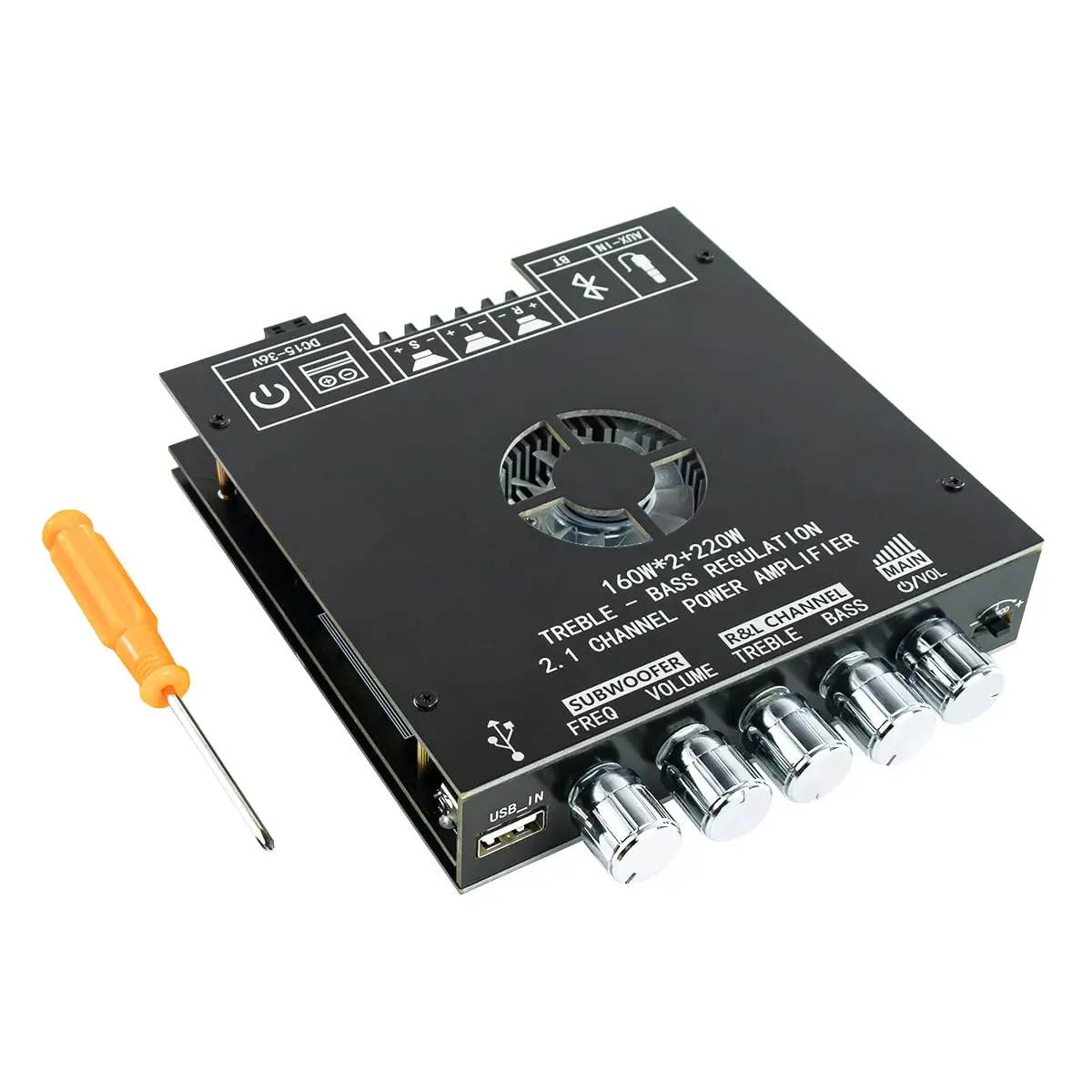 2.1 Channel Bluetooth Stereo Subwoofer Amplifier Board - PA Speaker, Home, Multi-Channel Use, 160W×2 + 220W Output, USB, AUX, Bluetooth Input, Treble/Bass Control, Built-In Comprehensive Protection for DIY Speakers, Pa Speaker Amplifier