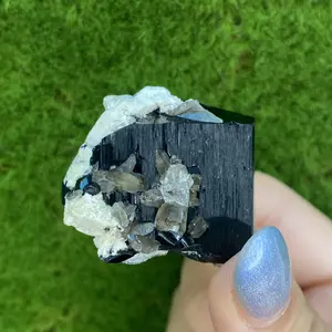 Natural Raw Black Tourmaline with Smokey Quartz, Feldspar, & Hyalite Opal  | Black Tourmaline | UV Reactive