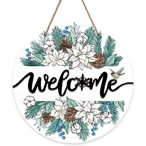 Welcome Winter White Poinsettia Flower Front Door Sign, Floral Pine Branches Wood Door Hanger Outdoor Outside Porch Decor, Christmas Pine Cone Wooden Wreath Indoor Wall Hanging Decoration