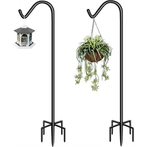 92 Inch Tall Shepherd Hooks with 5-Forked Base, Adjustable Heavy Duty Bird Feeder Pole Stand Hanger for Outdoor, Shiny Black, 2 Pack